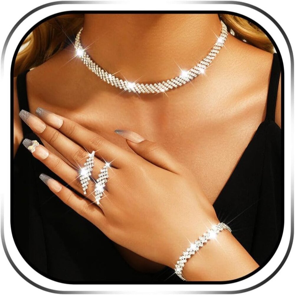 Rhinestone Choker Necklace Jewelry Sets Silver Bridal Diamond Costume Prom Jewel